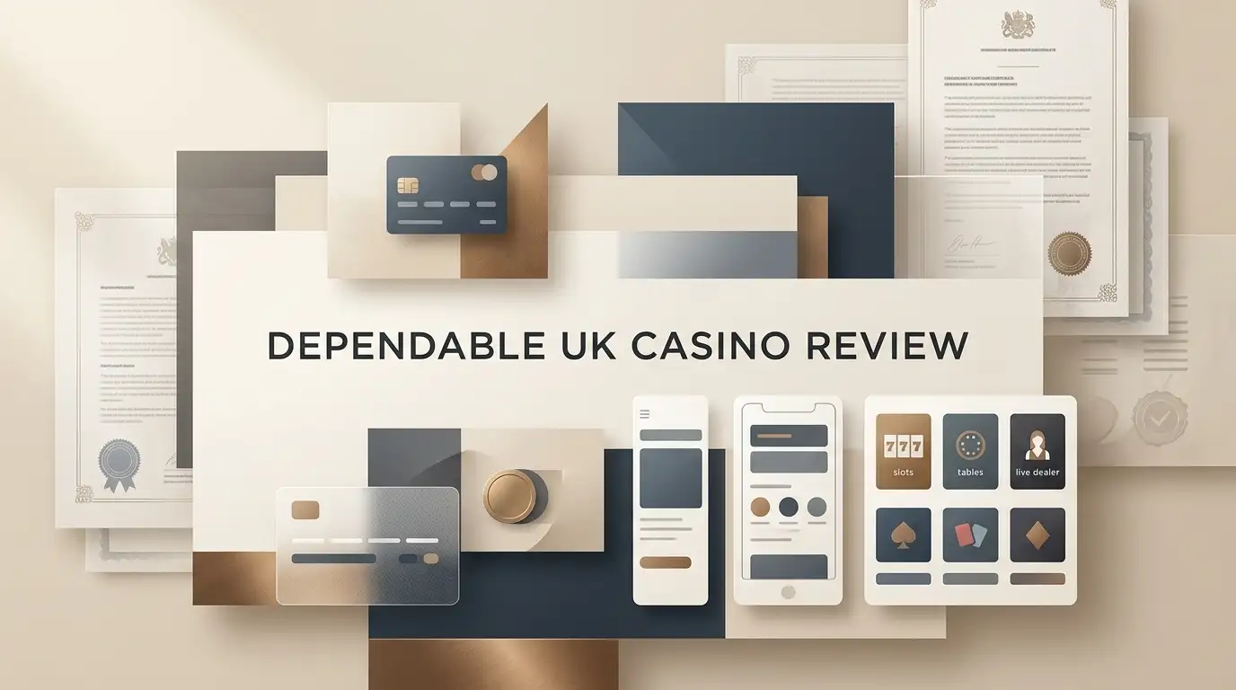 Editorial illustration representing a UK online casino review with payment and regulatory themes