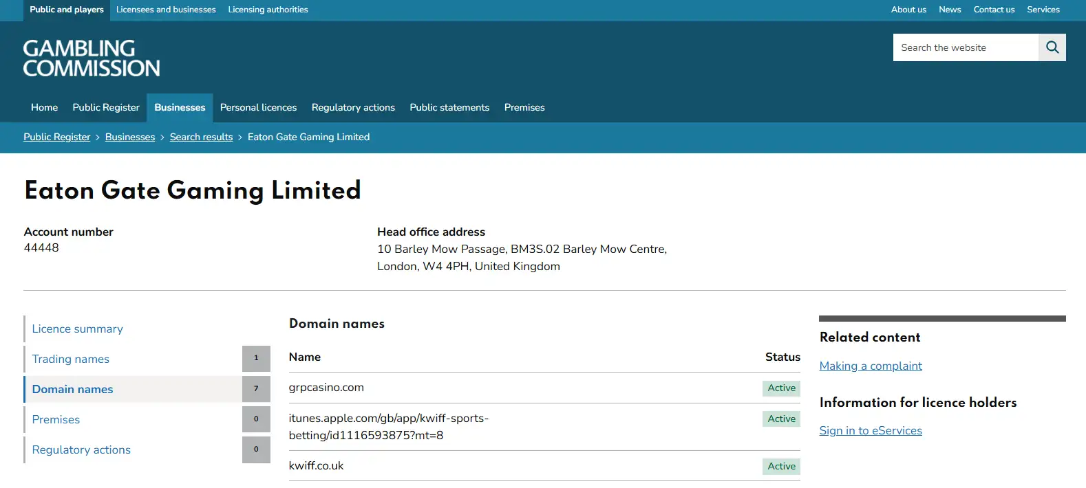 Screenshot of the Gambling Commission domain register showing grpcasino.com as Active